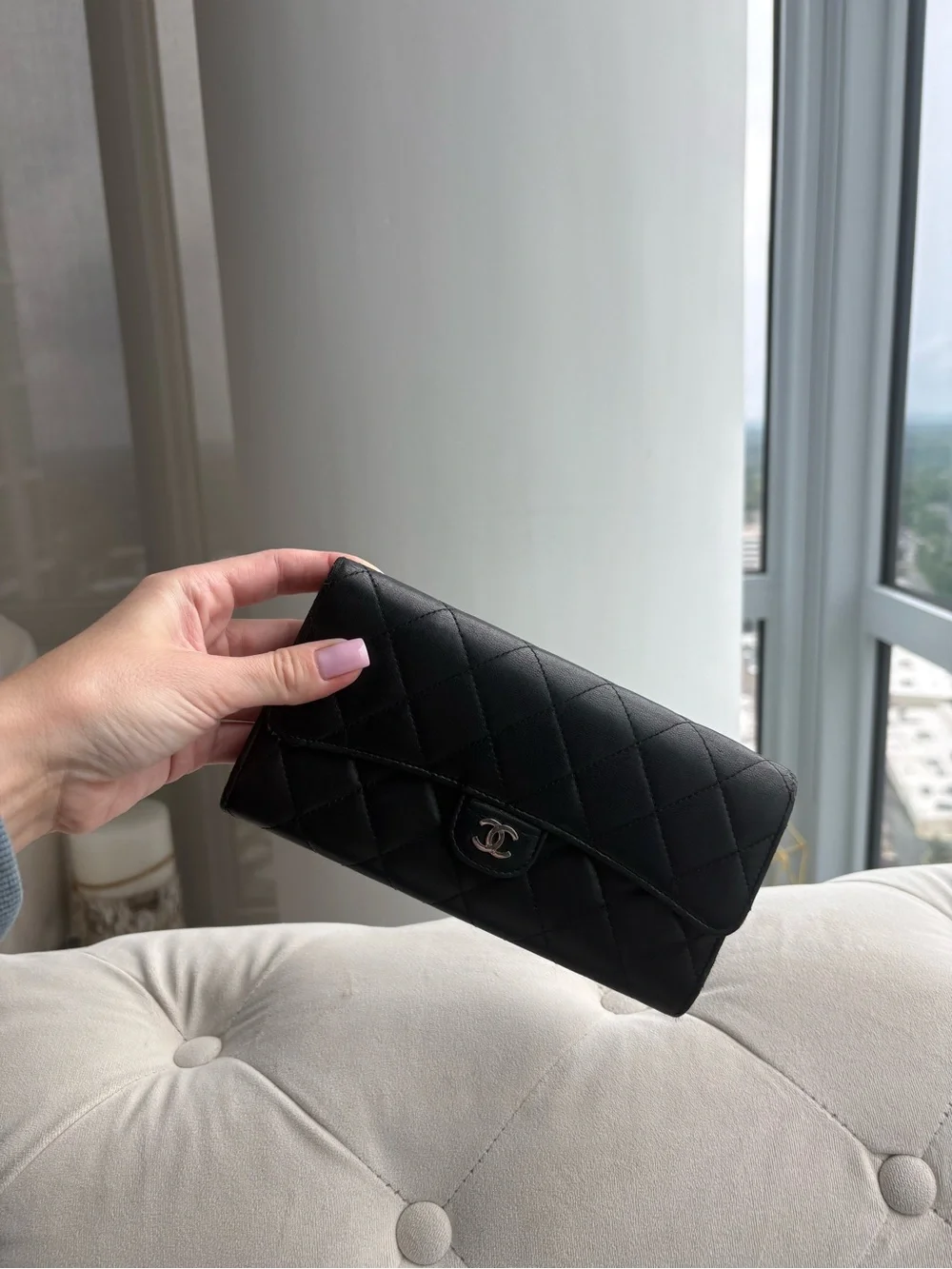 AUTHENTIC CHANEL GUSSET FLAP  BLACK QUILTED LEATHER WALLET ON CHAIN